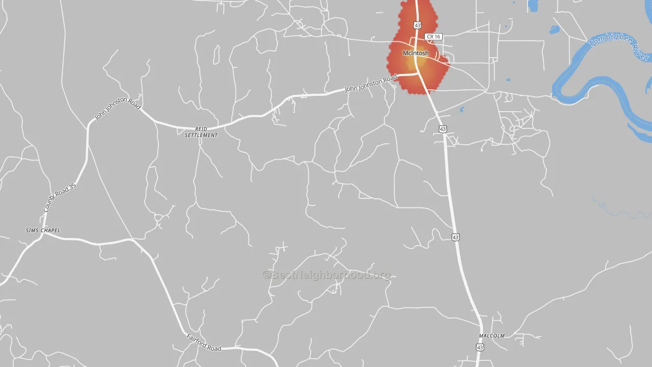 Walk Grade map of McIntosh, AL, walkable areas in green and car-dependent areas in red