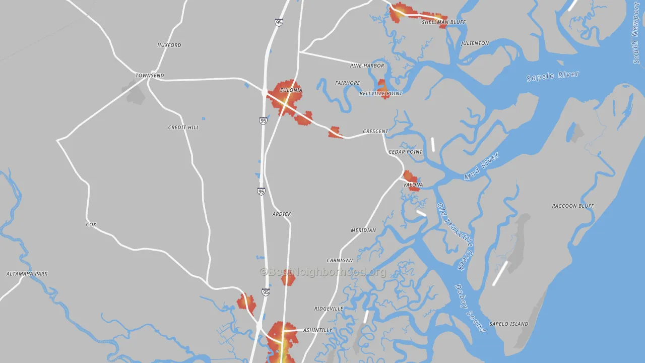 Walk Grade map of McIntosh County, GA, walkable areas in green and car-dependent areas in red