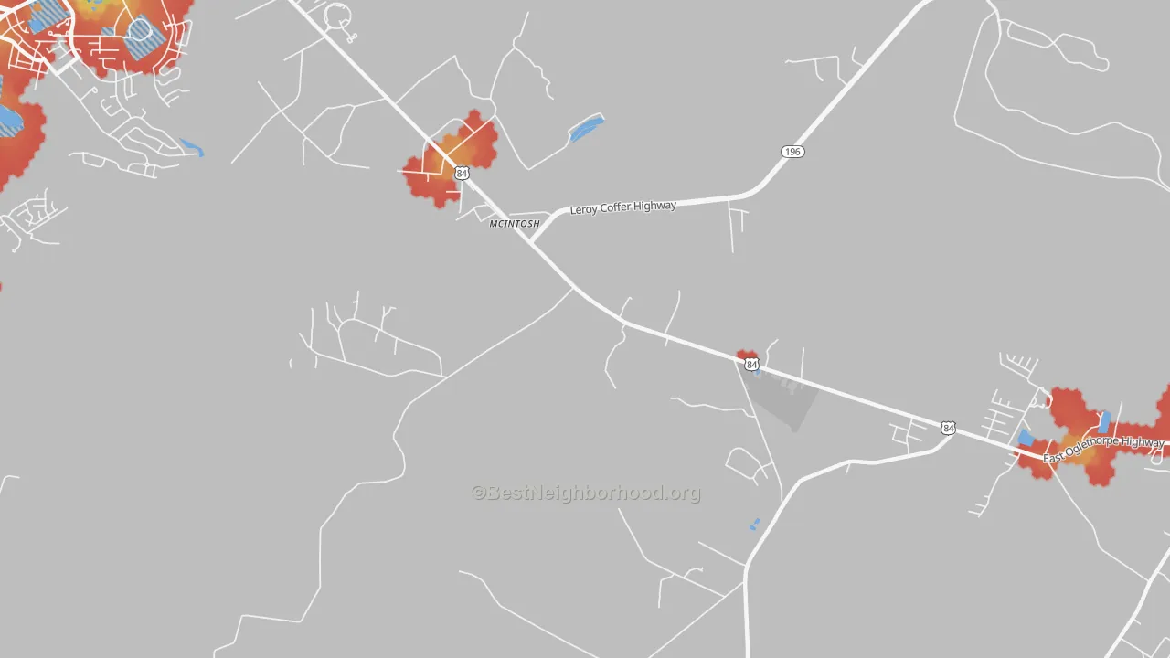 Walk Grade map of McIntosh, GA, walkable areas in green and car-dependent areas in red