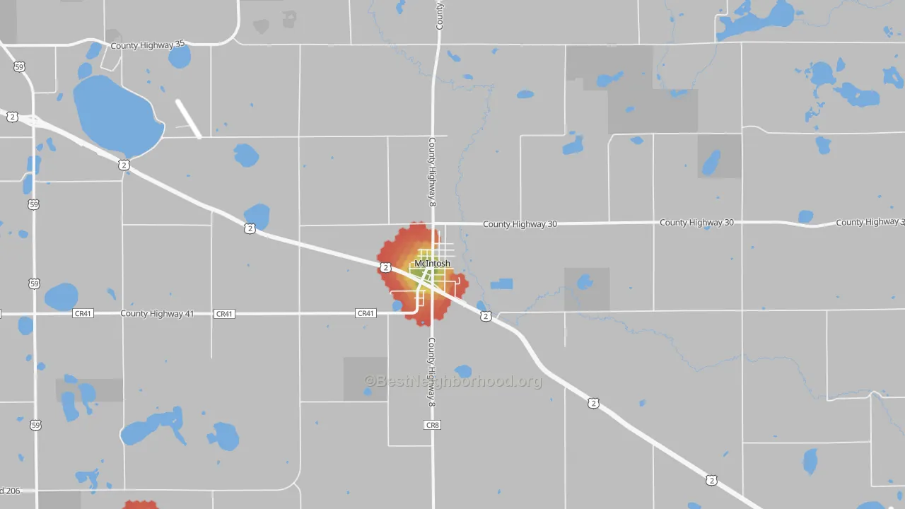 Walk Grade map of Mcintosh, MN, walkable areas in green and car-dependent areas in red