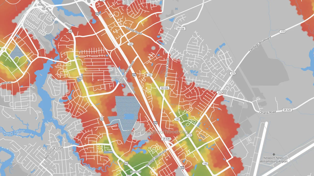 Walk Grade map of McIntosh, Newport News, VA, walkable areas in green and car-dependent areas in red