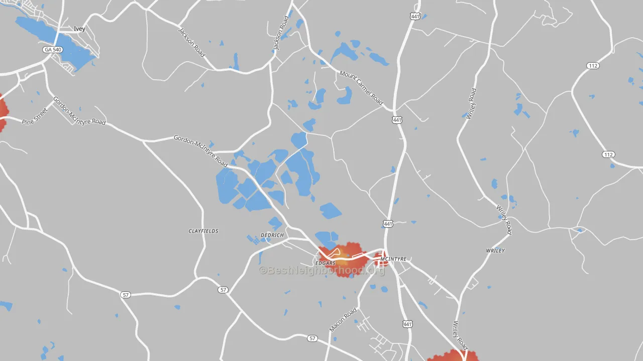 Walk Grade map of McIntyre, GA, walkable areas in green and car-dependent areas in red