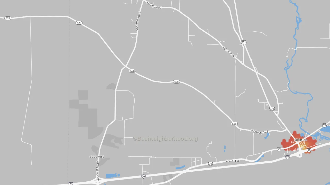 Walk Grade map of McIntyre, LA, walkable areas in green and car-dependent areas in red