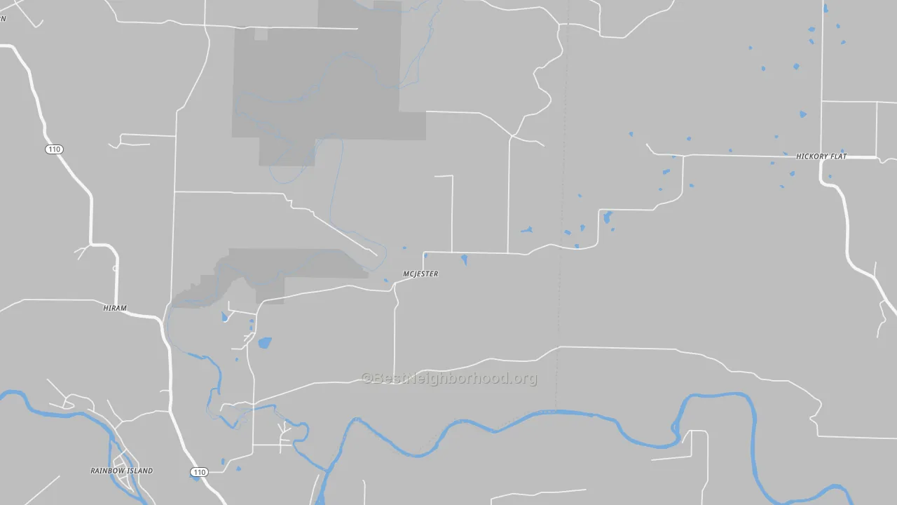 Walk Grade map of McJester, AR, walkable areas in green and car-dependent areas in red