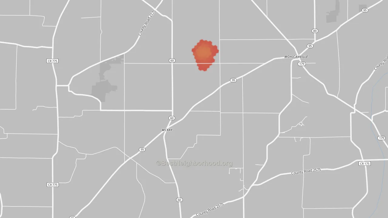 Walk Grade map of McKay, OH, walkable areas in green and car-dependent areas in red