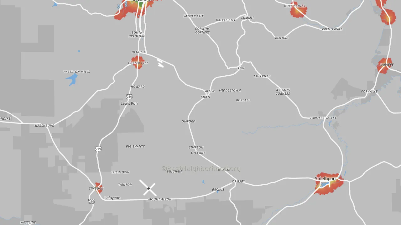 Walk Grade map of McKean County, PA, walkable areas in green and car-dependent areas in red