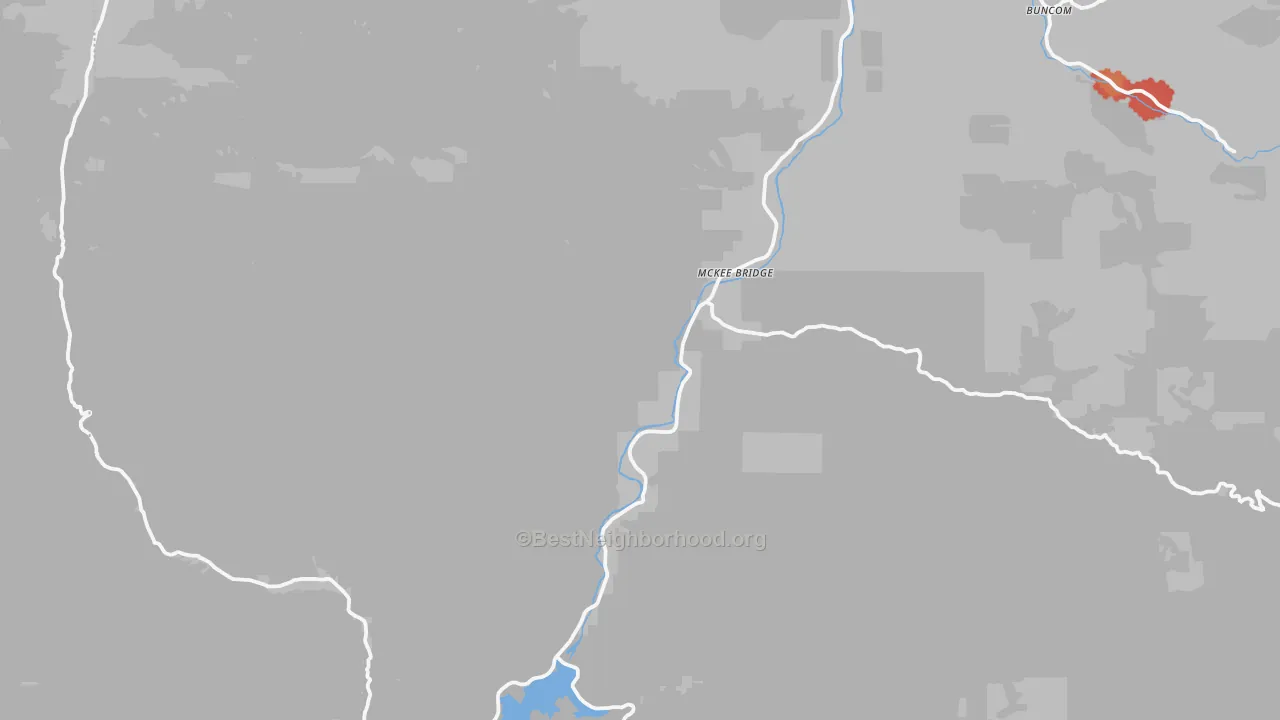 Walk Grade map of McKee Bridge, OR, walkable areas in green and car-dependent areas in red