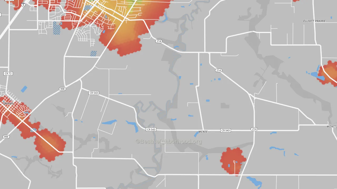 Walk Grade map of McKee, OR, walkable areas in green and car-dependent areas in red