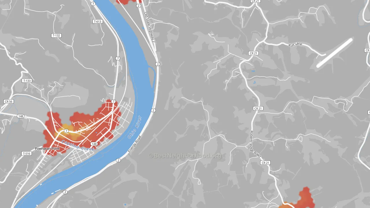Walk Grade map of McKeefrey, WV, walkable areas in green and car-dependent areas in red