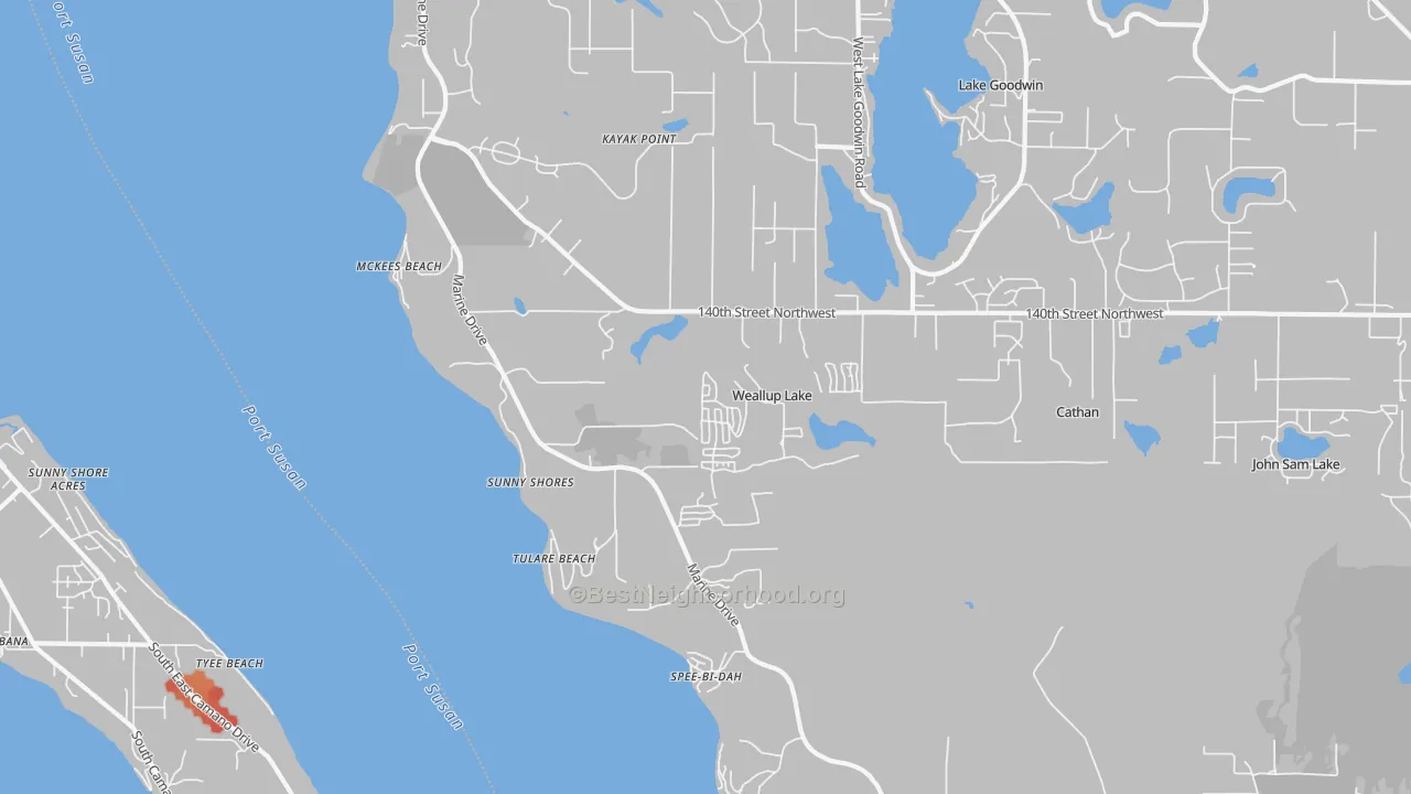 Walk Grade map of McKees Beach, WA, walkable areas in green and car-dependent areas in red