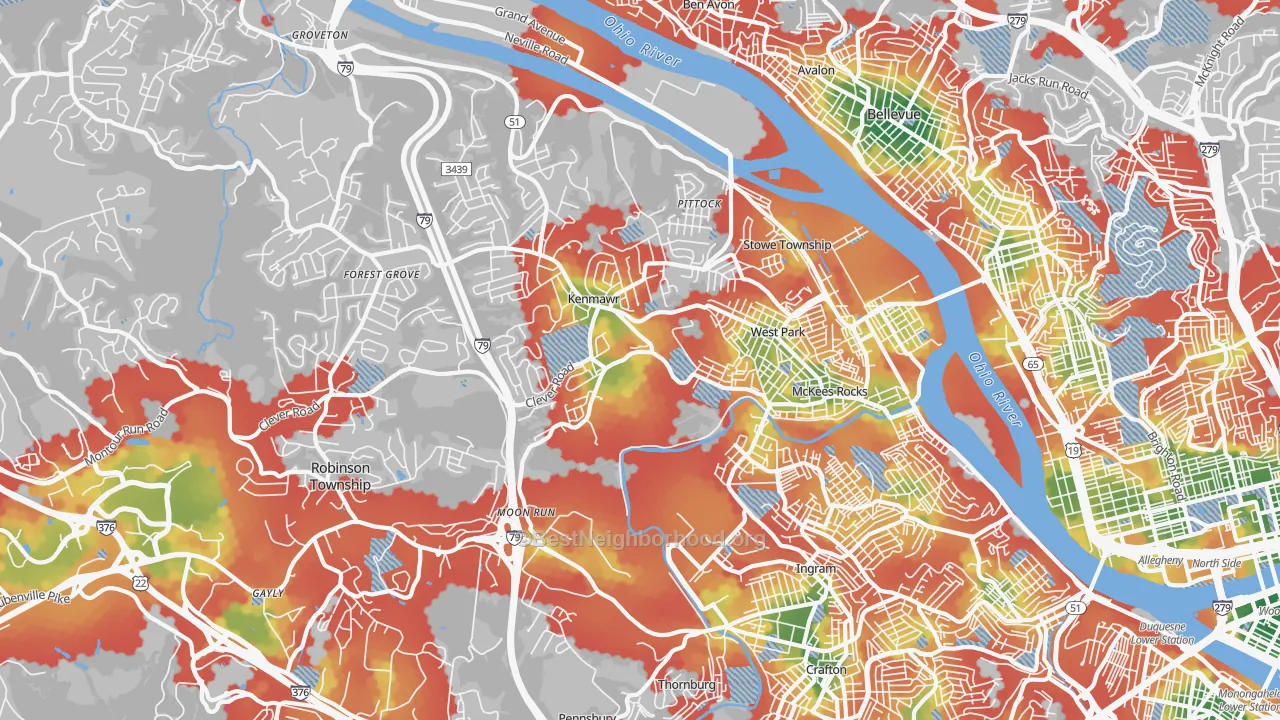 Walk Grade map of Mckees Rocks, PA, walkable areas in green and car-dependent areas in red