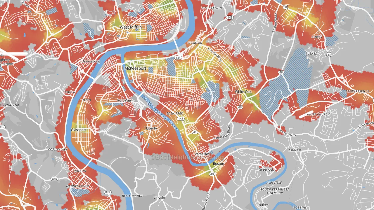 Walk Grade map of McKeesport, PA, walkable areas in green and car-dependent areas in red