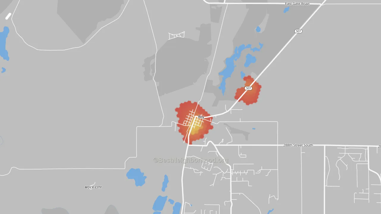 Walk Grade map of Mckenna, WA, walkable areas in green and car-dependent areas in red