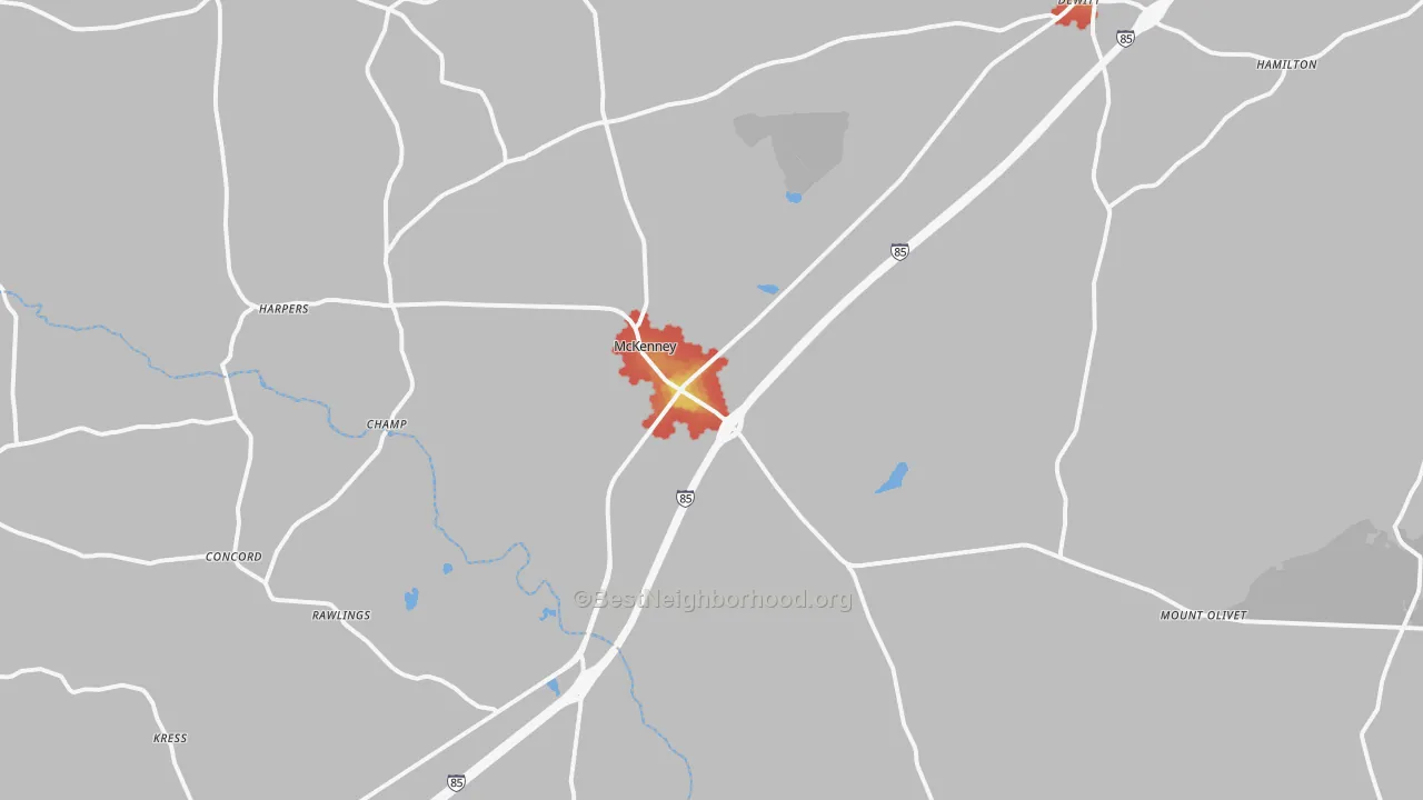 Walk Grade map of McKenney, VA, walkable areas in green and car-dependent areas in red