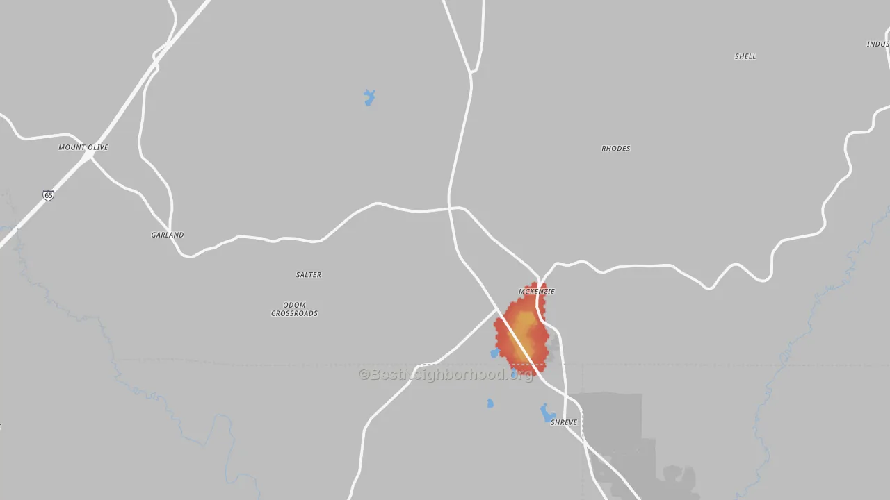 Walk Grade map of McKenzie, AL, walkable areas in green and car-dependent areas in red