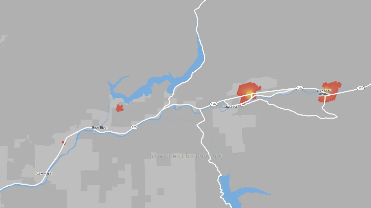 Walk Grade map of McKenzie Bridge, OR, walkable areas in green and car-dependent areas in red