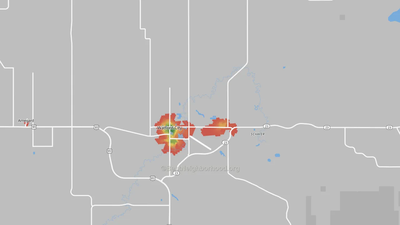 Walk Grade map of McKenzie County, ND, walkable areas in green and car-dependent areas in red
