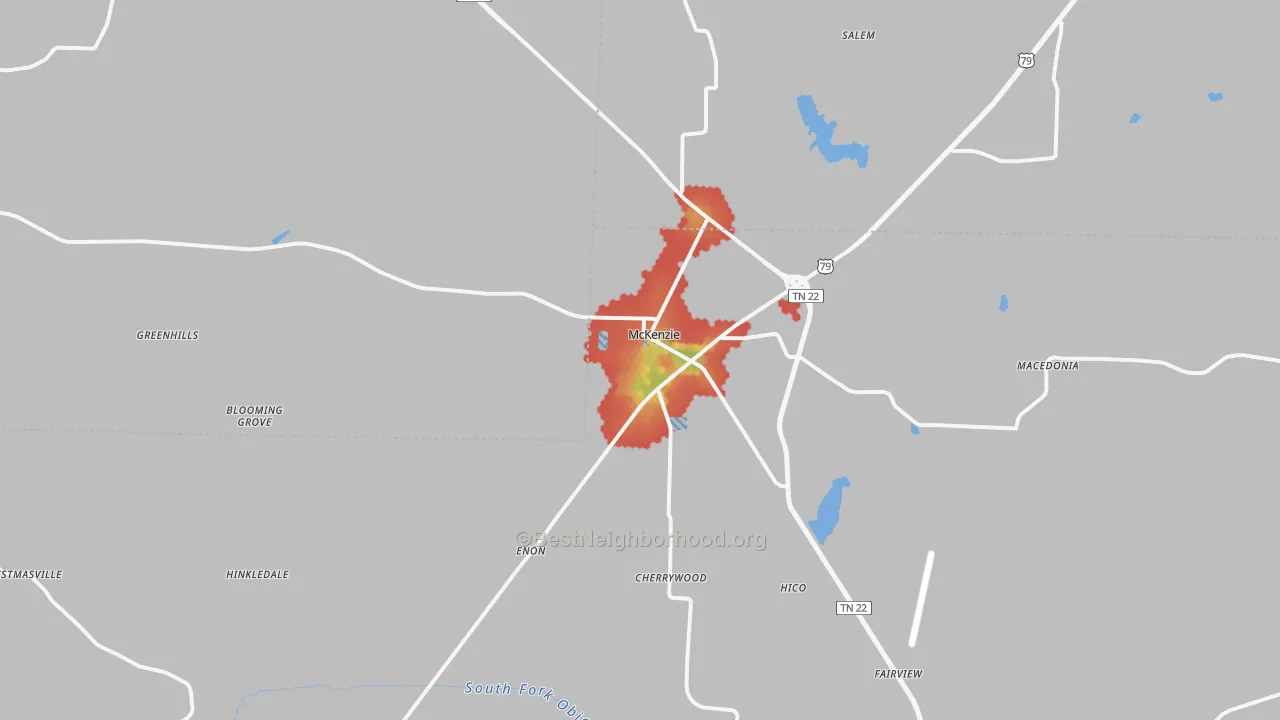 Walk Grade map of McKenzie, TN, walkable areas in green and car-dependent areas in red