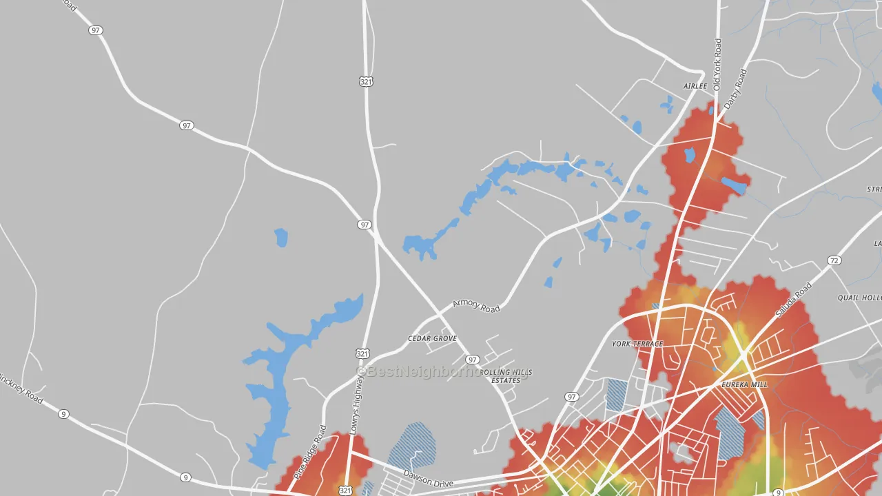 Walk Grade map of Mckeown, SC, walkable areas in green and car-dependent areas in red