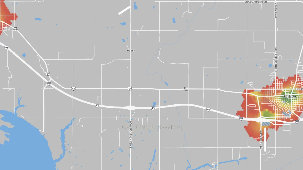 Walk Grade map of McKey, OK, walkable areas in green and car-dependent areas in red