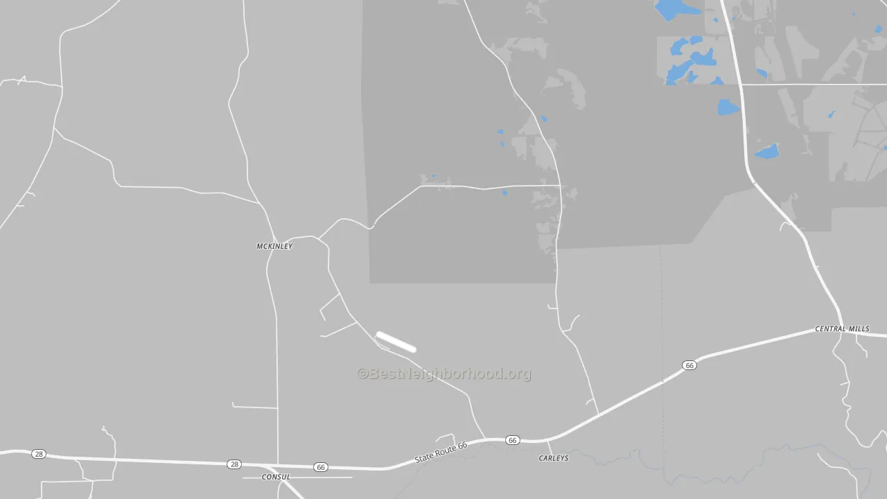 Walk Grade map of McKinley, AL, walkable areas in green and car-dependent areas in red