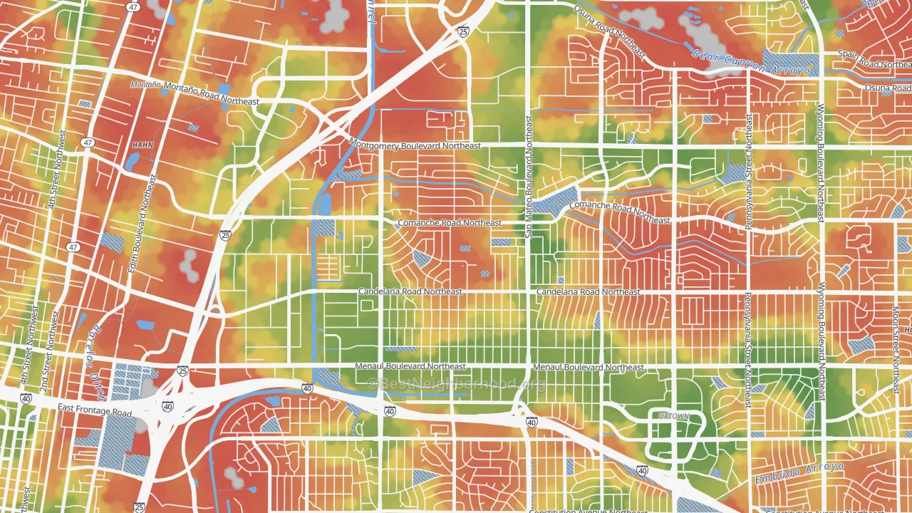 Walk Grade map of McKinley, Albuquerque, NM, walkable areas in green and car-dependent areas in red