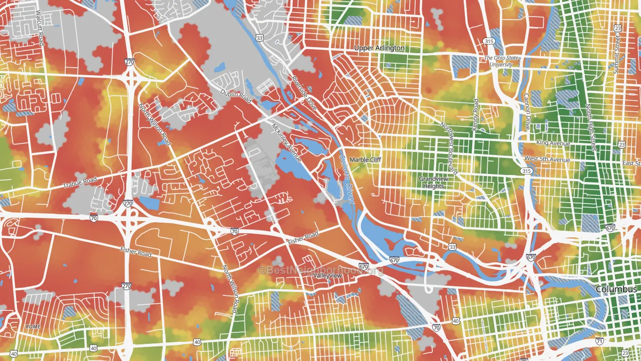 Walk Grade map of McKinley Avenue Corridor, Columbus, OH, walkable areas in green and car-dependent areas in red