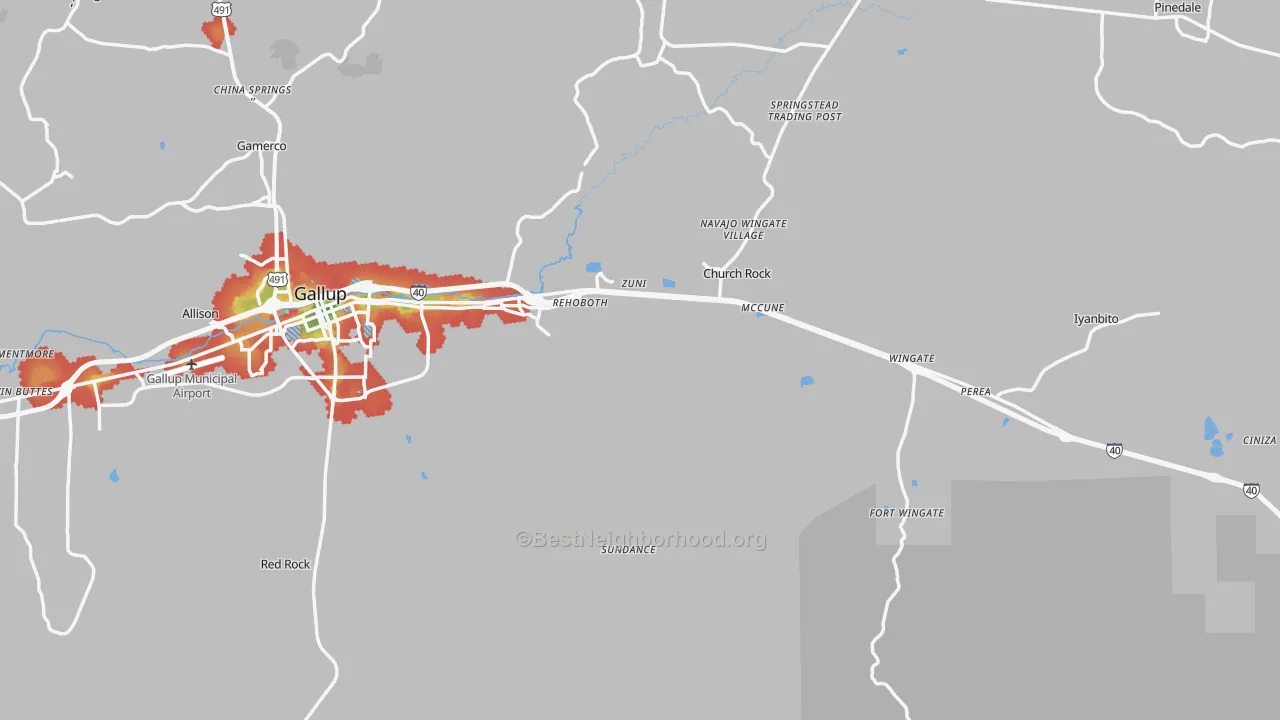 Walk Grade map of McKinley County, NM, walkable areas in green and car-dependent areas in red