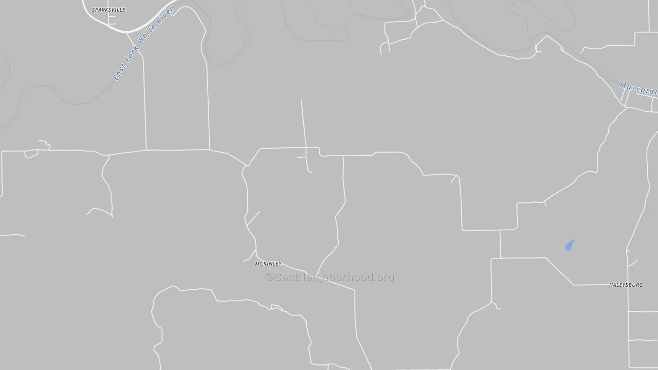 Walk Grade map of McKinley, IN, walkable areas in green and car-dependent areas in red