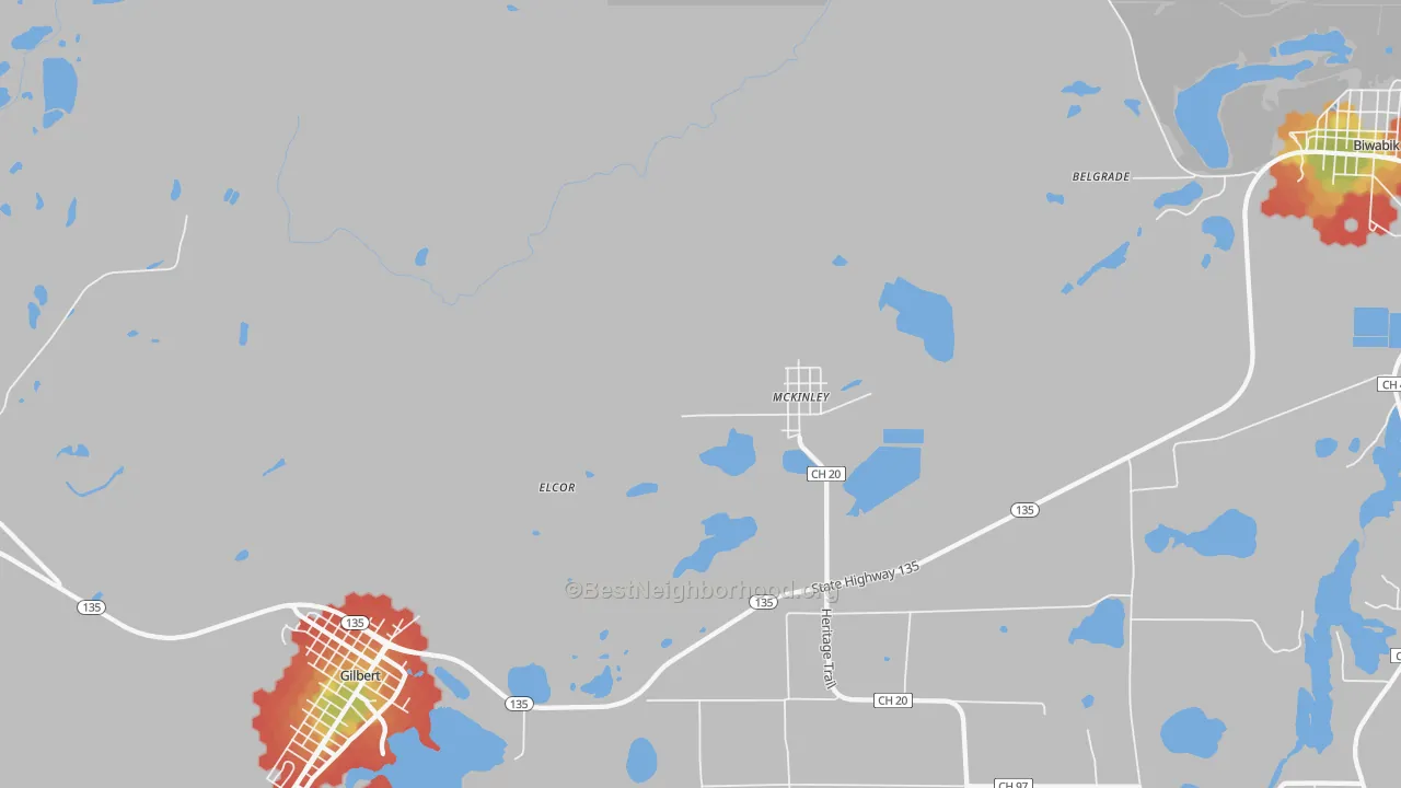 Walk Grade map of McKinley, MN, walkable areas in green and car-dependent areas in red