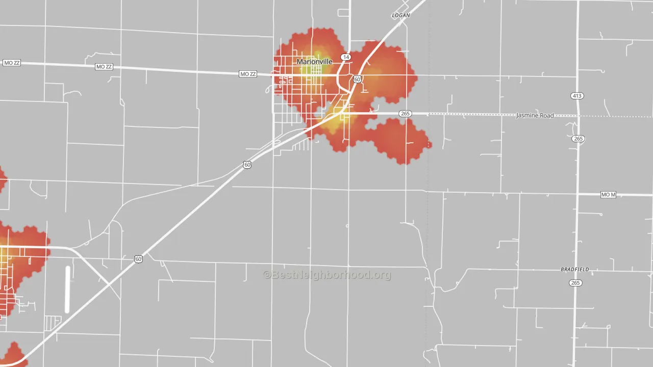 Walk Grade map of McKinley, MO, walkable areas in green and car-dependent areas in red