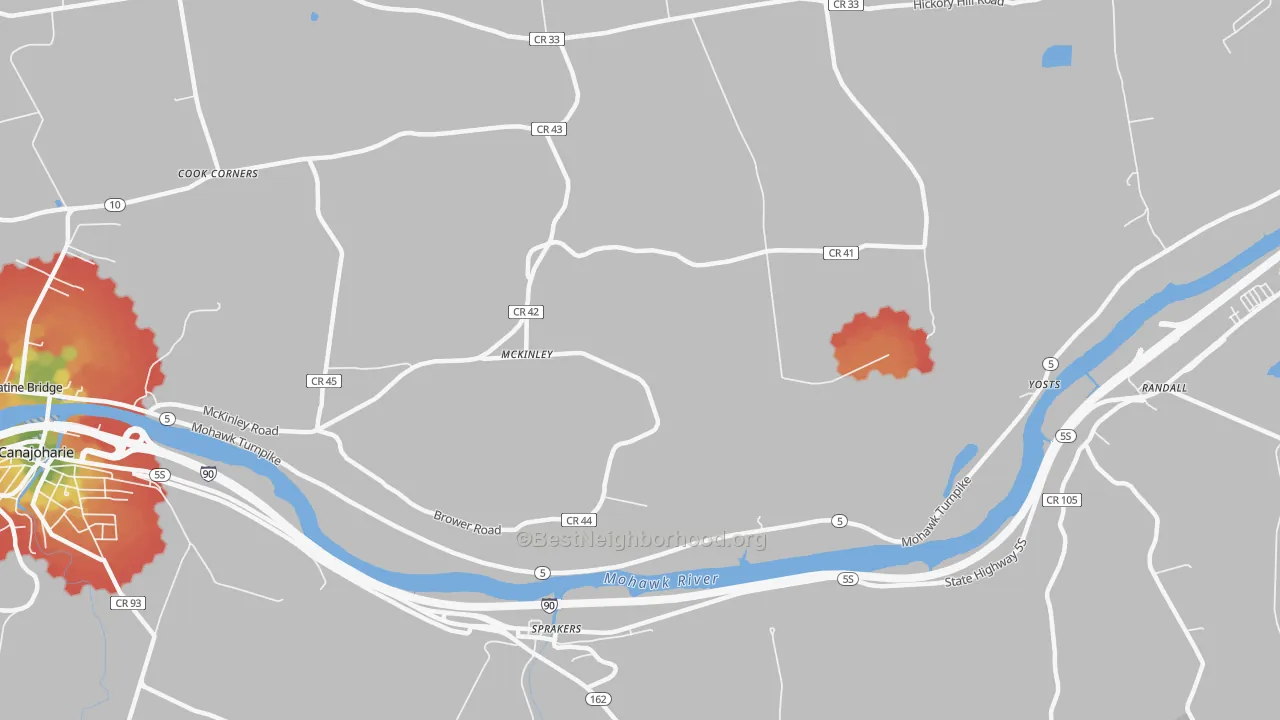 Walk Grade map of McKinley, NY, walkable areas in green and car-dependent areas in red