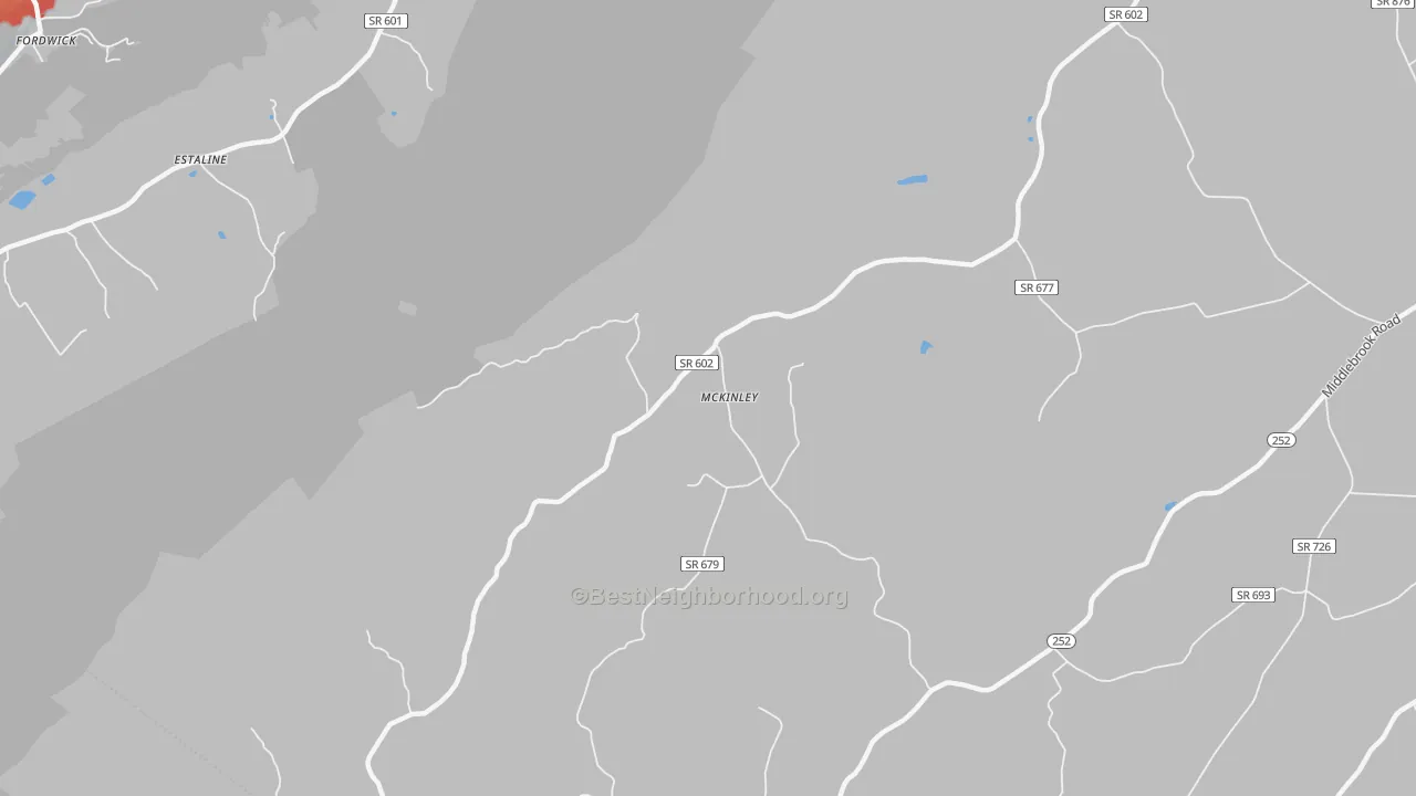 Walk Grade map of McKinley, VA, walkable areas in green and car-dependent areas in red