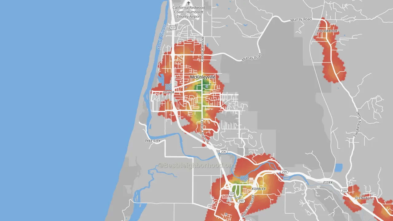 Walk Grade map of Mckinleyville, CA, walkable areas in green and car-dependent areas in red