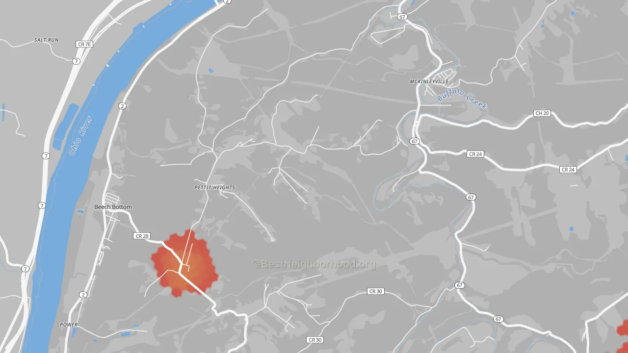 Walk Grade map of McKinleyville, WV, walkable areas in green and car-dependent areas in red