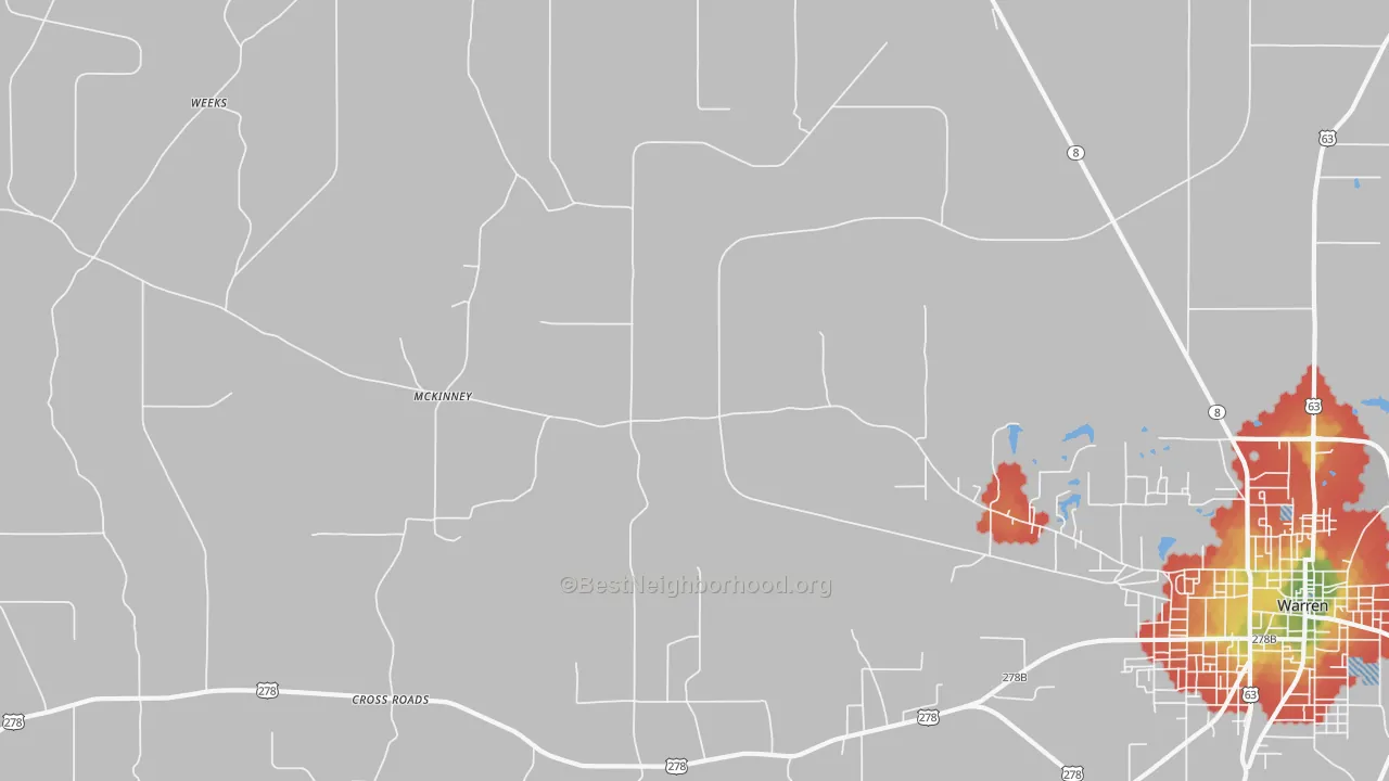 Walk Grade map of McKinney, AR, walkable areas in green and car-dependent areas in red