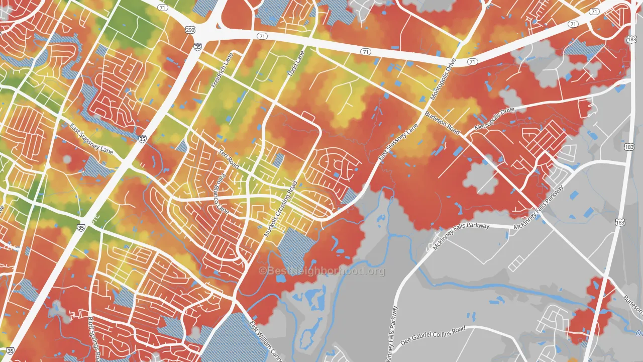 Walk Grade map of McKinney, Austin, TX, walkable areas in green and car-dependent areas in red