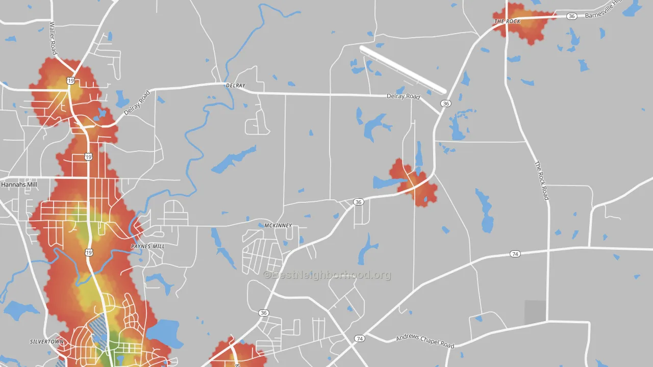Walk Grade map of McKinney, GA, walkable areas in green and car-dependent areas in red
