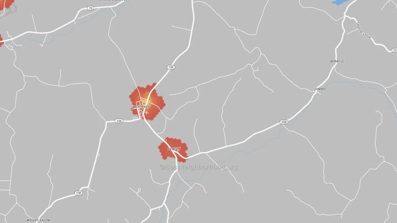 Walk Grade map of McKinney, KY, walkable areas in green and car-dependent areas in red