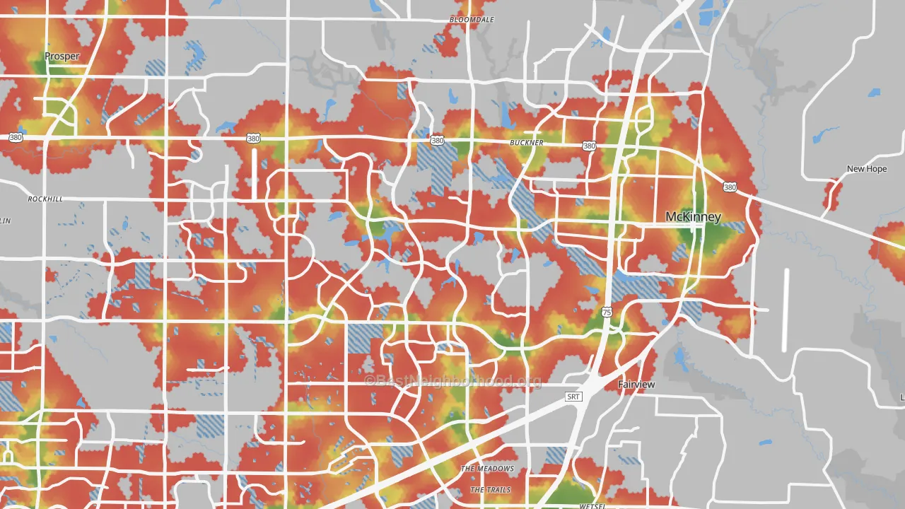 Walk Grade map of McKinney, TX, walkable areas in green and car-dependent areas in red