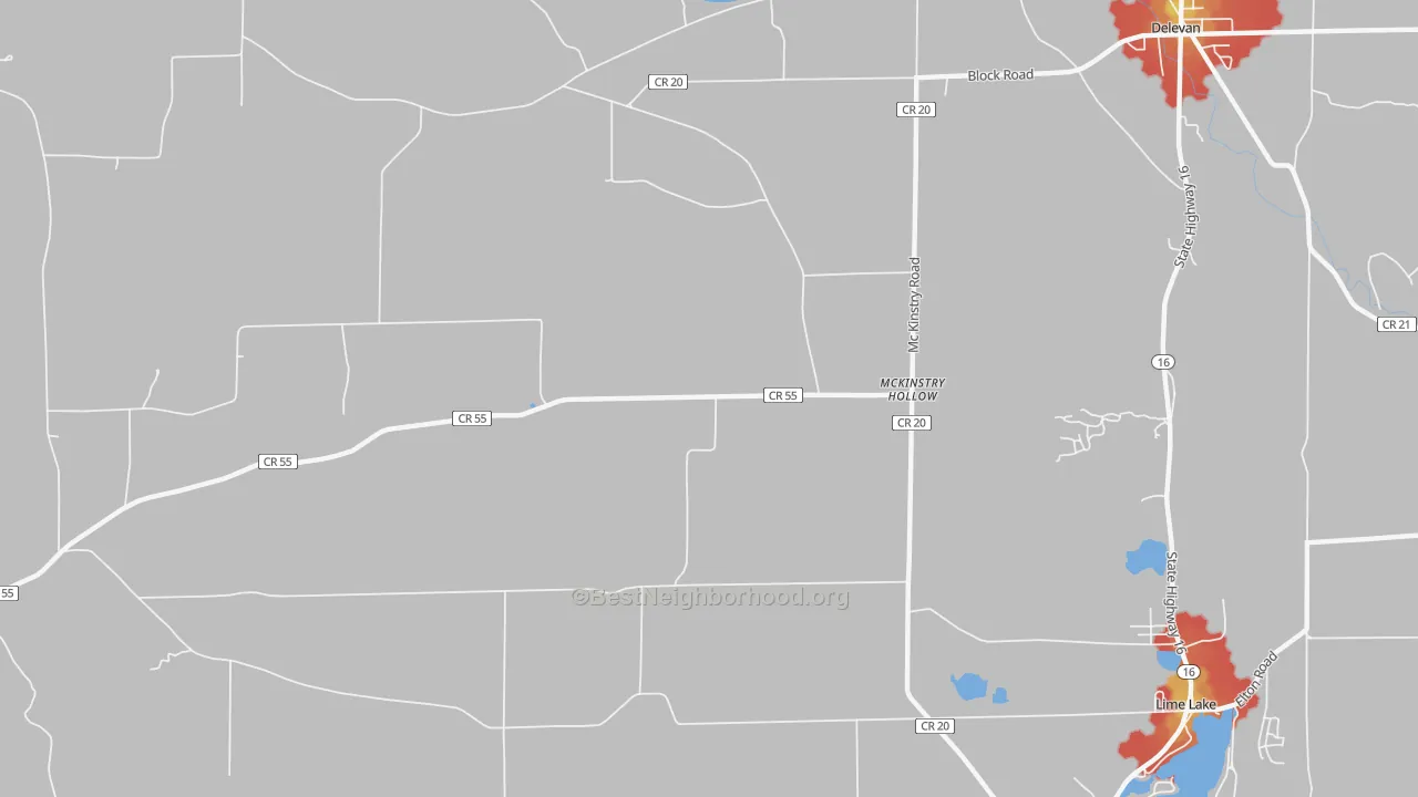 Walk Grade map of McKinstry Hollow, NY, walkable areas in green and car-dependent areas in red