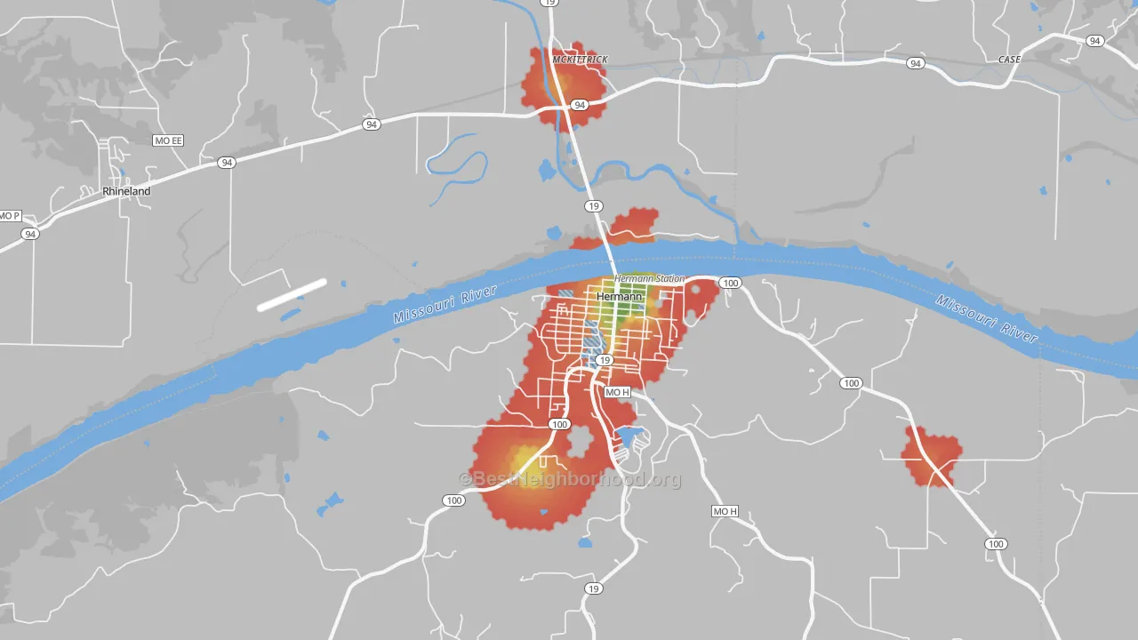 Walk Grade map of McKittrick, MO, walkable areas in green and car-dependent areas in red