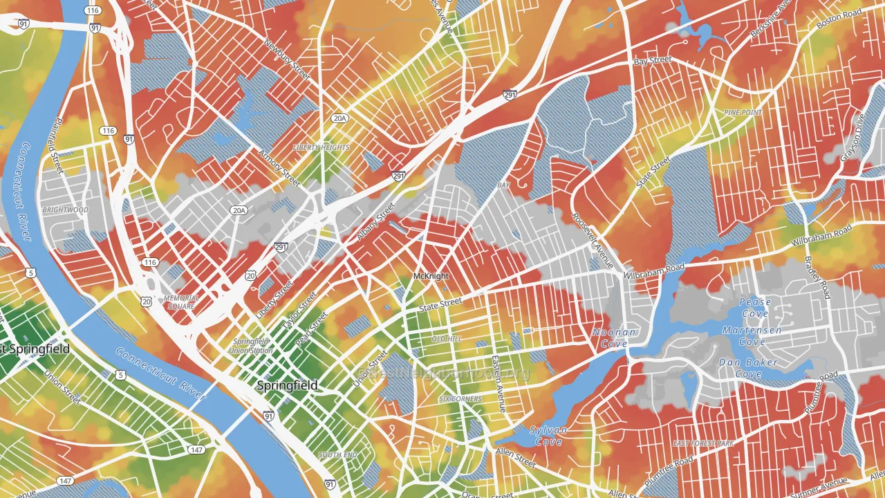 Walk Grade map of McKnight, Springfield, MA, walkable areas in green and car-dependent areas in red