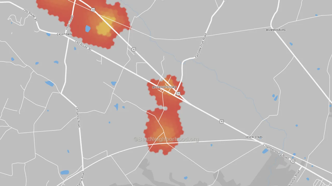 Walk Grade map of McKnightstown, PA, walkable areas in green and car-dependent areas in red
