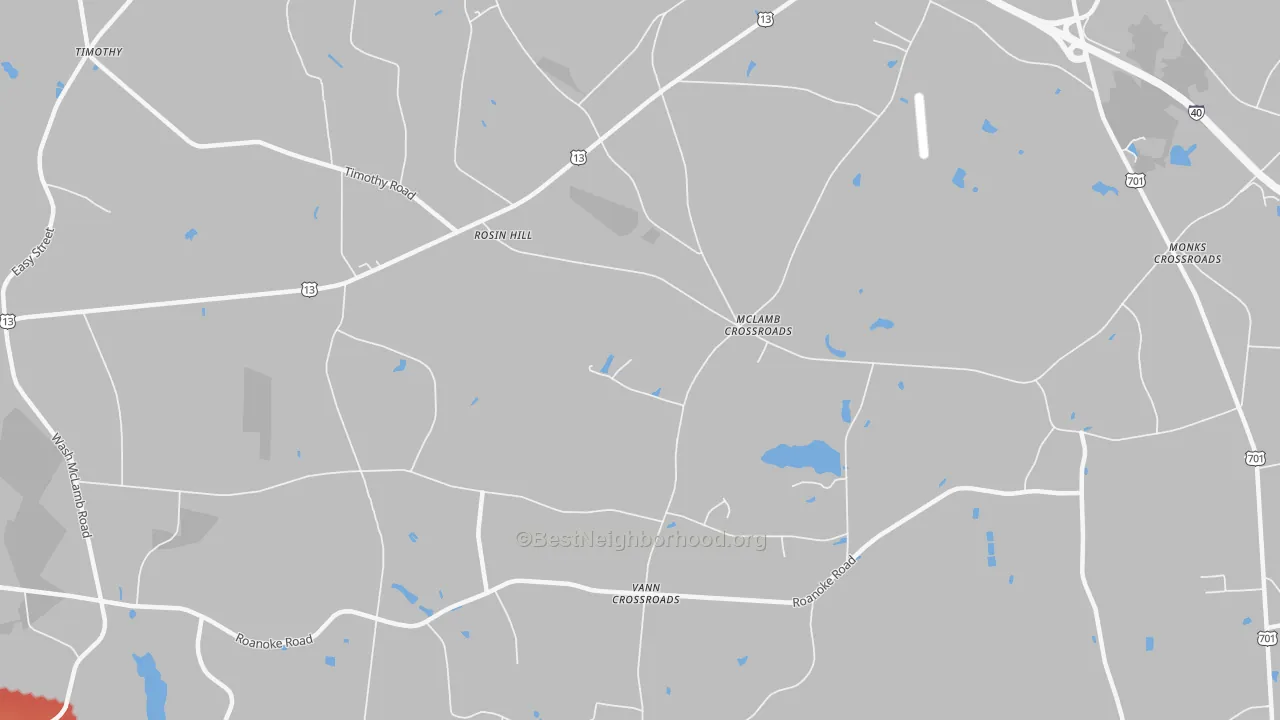 Walk Grade map of McLamb Crossroads, NC, walkable areas in green and car-dependent areas in red