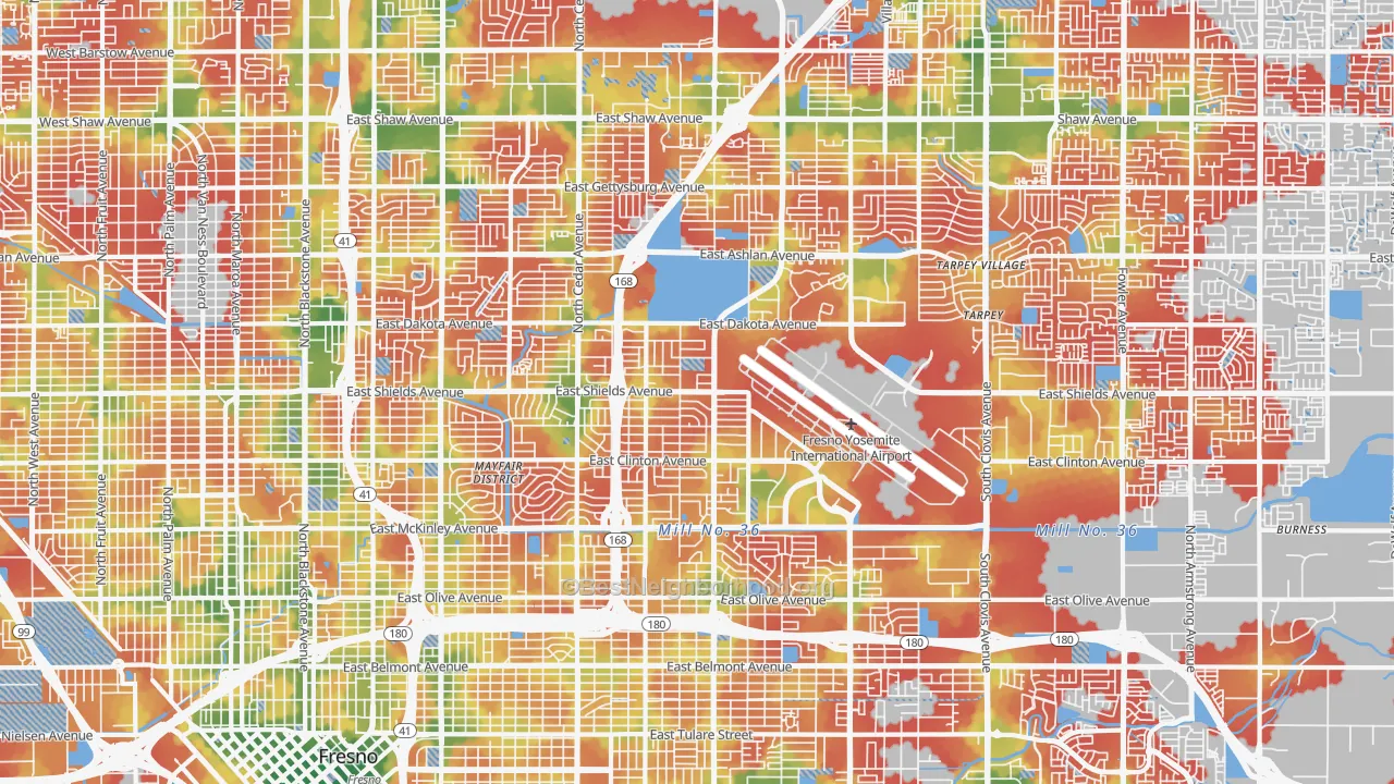 Walk Grade map of McLane, Fresno, CA, walkable areas in green and car-dependent areas in red