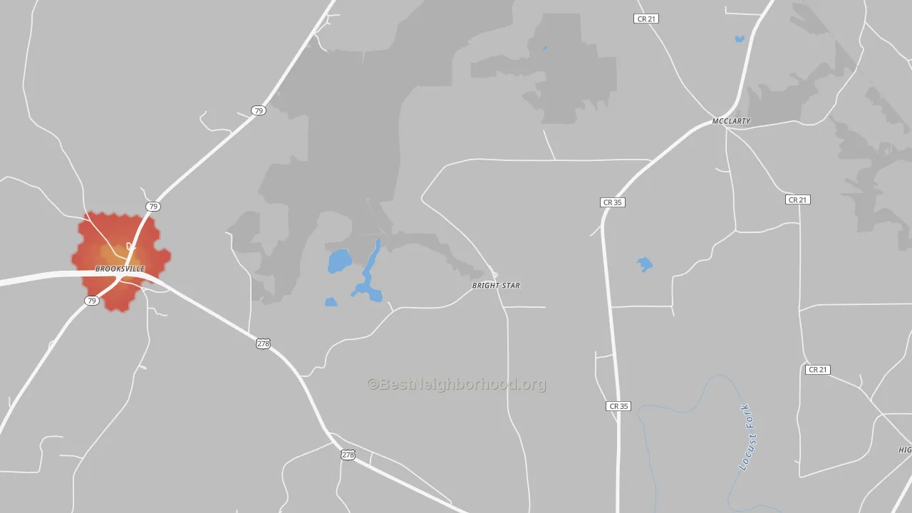 Walk Grade map of McLarty, AL, walkable areas in green and car-dependent areas in red