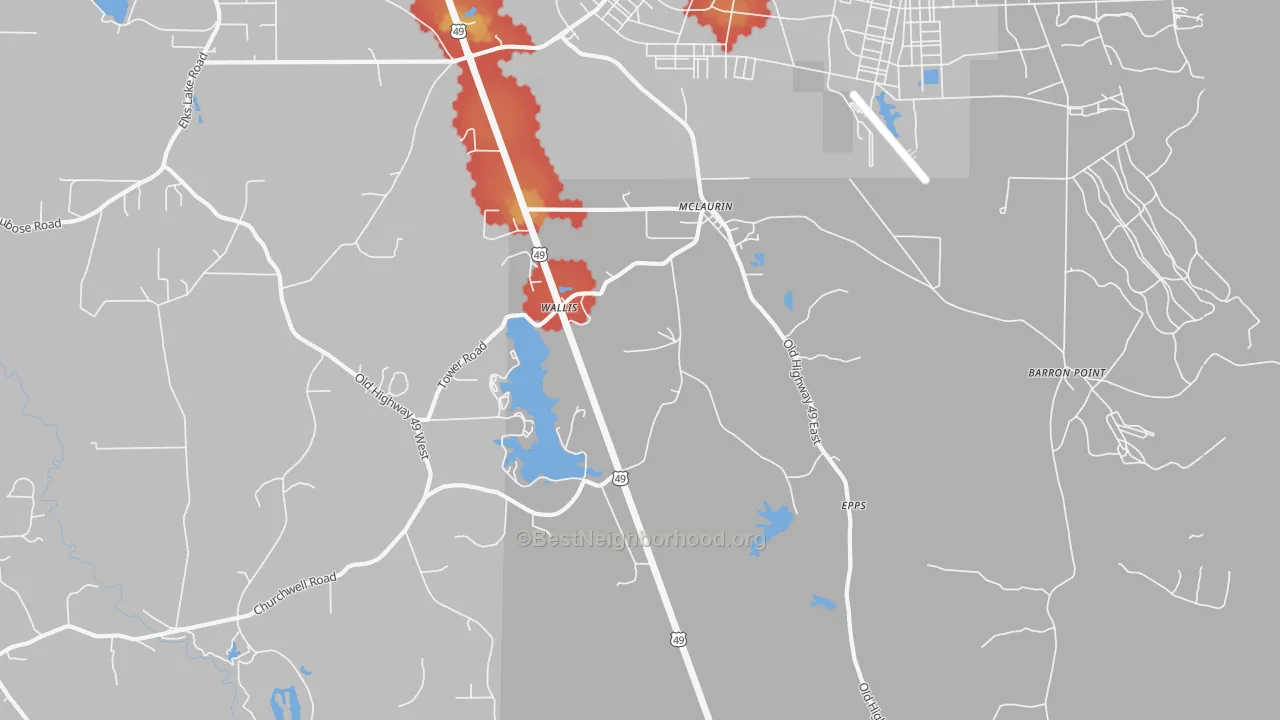 Walk Grade map of McLaurin, MS, walkable areas in green and car-dependent areas in red