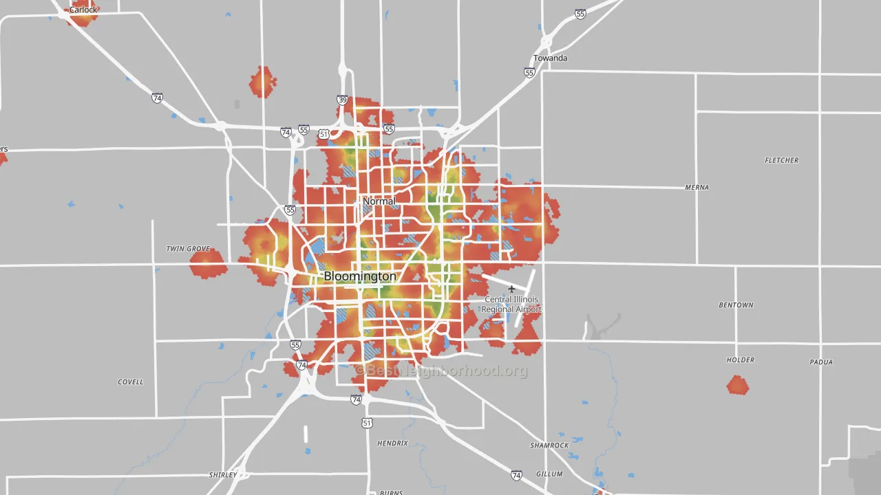 Walk Grade map of McLean County, IL, walkable areas in green and car-dependent areas in red