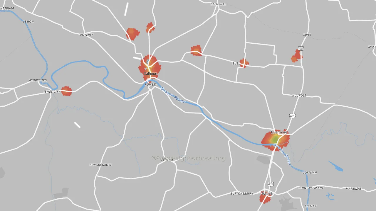 Walk Grade map of McLean County, KY, walkable areas in green and car-dependent areas in red